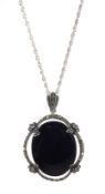 Silver oval black onyx and marcasite pendant necklace