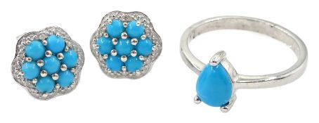 Pair of silver turquoise and diamond cluster stud earrings and a silver pear shaped turquoise ring
