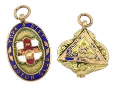 Two early 20th century gold and enamel Leeds and York & Dist Motor Club presentation pendant medalli