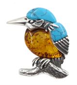 Silver Baltic amber and turquoise kingfisher brooch