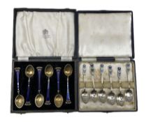 Set of six silver coffee spoons with blue and green enamel terminals