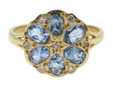9ct gold aquamarine and diamond cluster ring