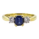 18ct gold three stone emerald cut sapphire and round brilliant cut diamond ring