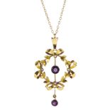 Edwardian gold amethyst and seed pearl pendant