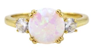 Silver-gilt three stone opal and cubic zirconia ring