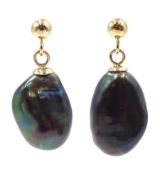Pair of 9ct gold black/grey pearl pendant stud earrings