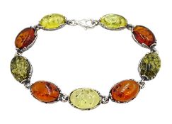 Silver multi coloured oval amber link bracelet