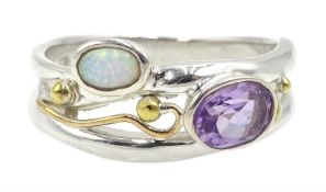 Silver and 14ct gold wire oval amethyst and opal ring