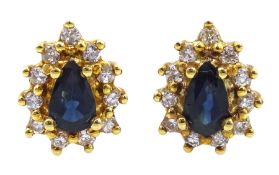 Pair of 18ct gold pear shaped sapphire and diamond cluster stud earrings