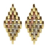 Pair of tri-coloured brushed and polished 9ct gold pendant earrings