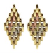 Pair of tri-coloured brushed and polished 9ct gold pendant earrings