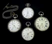 Four silver cased lever pocket watches