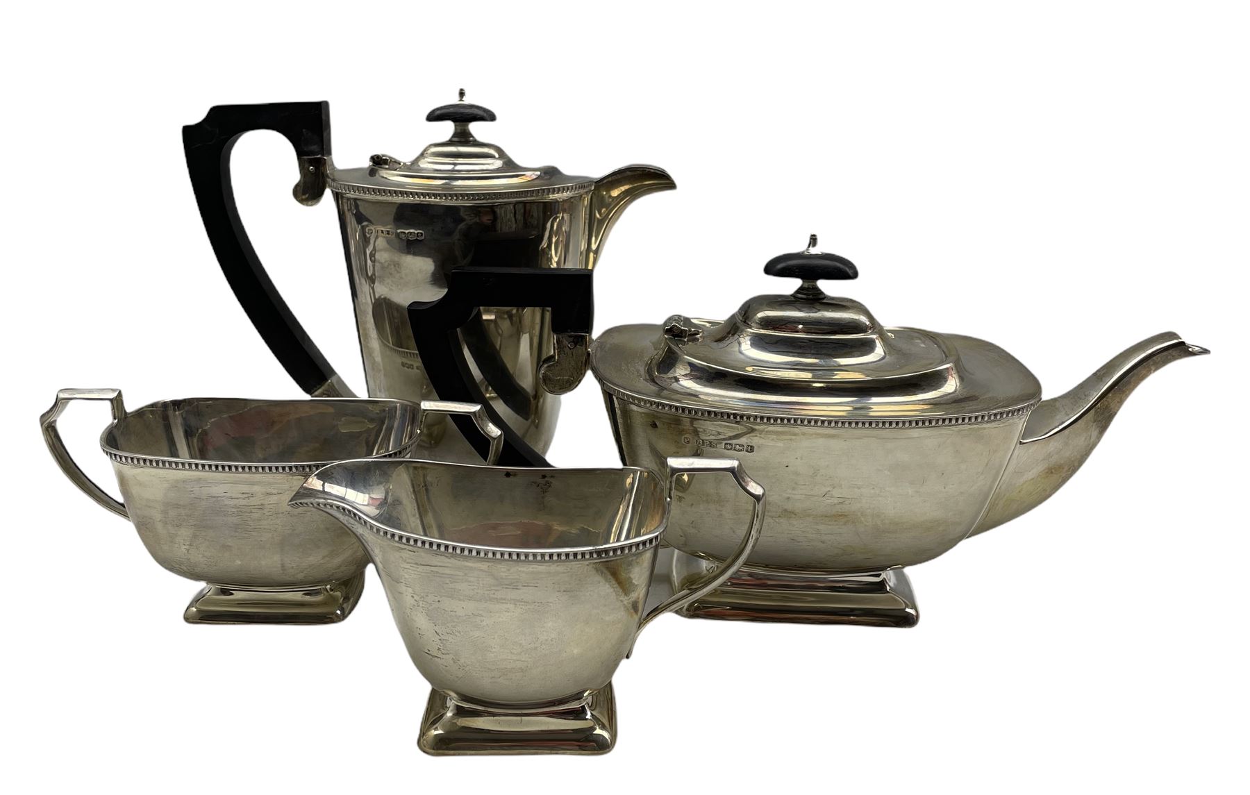 Silver 4 piece tea set of bead edge oblong design