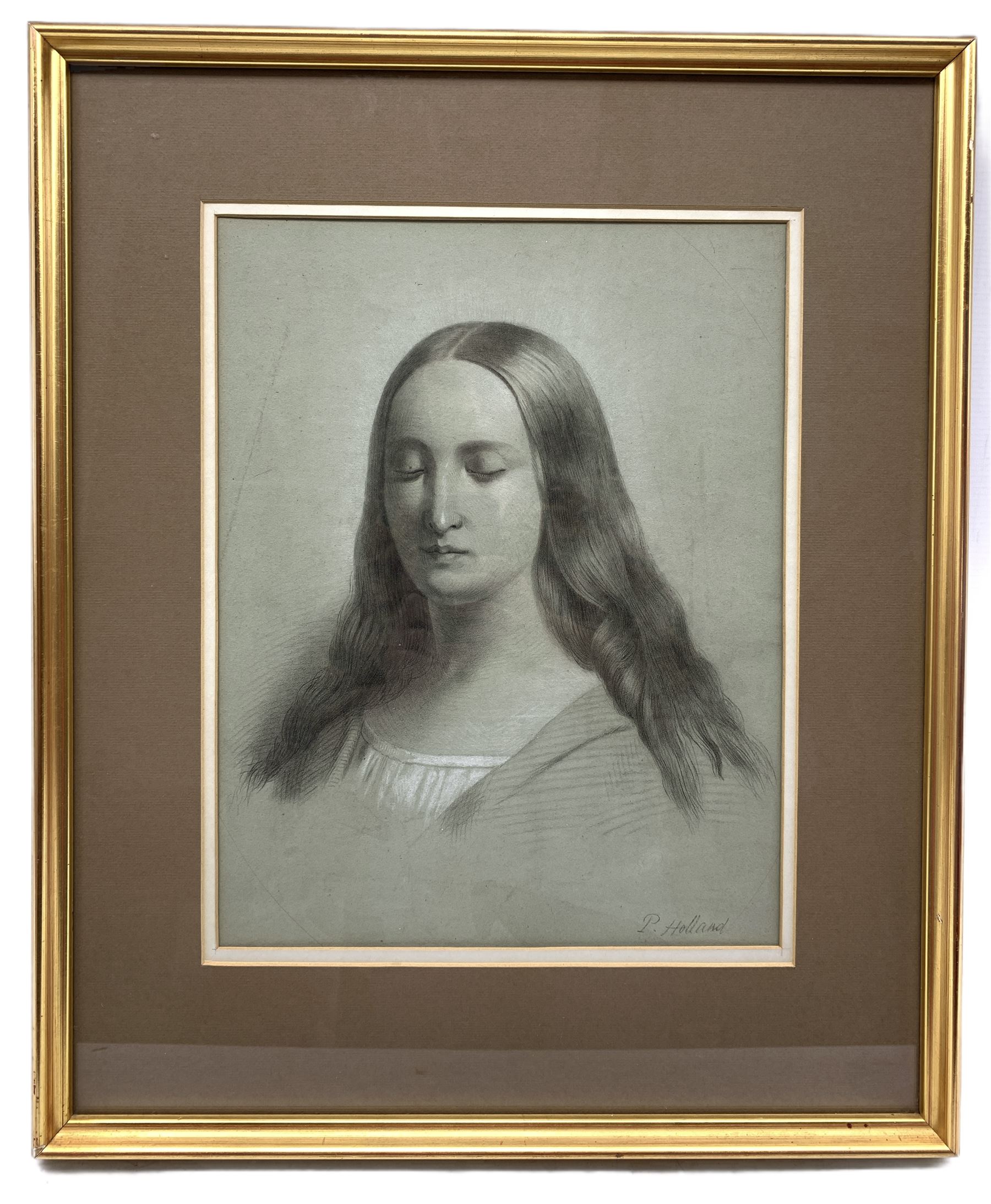 P Holland (Italian School 19th/20th century): Renaissance Style Head and Shoulders Portrait of Lady - Image 2 of 2