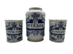 Pair of 18th century Delft drug jars inscribed 'E Trifol Febrin' and 'P Tammarind' in blue with bird