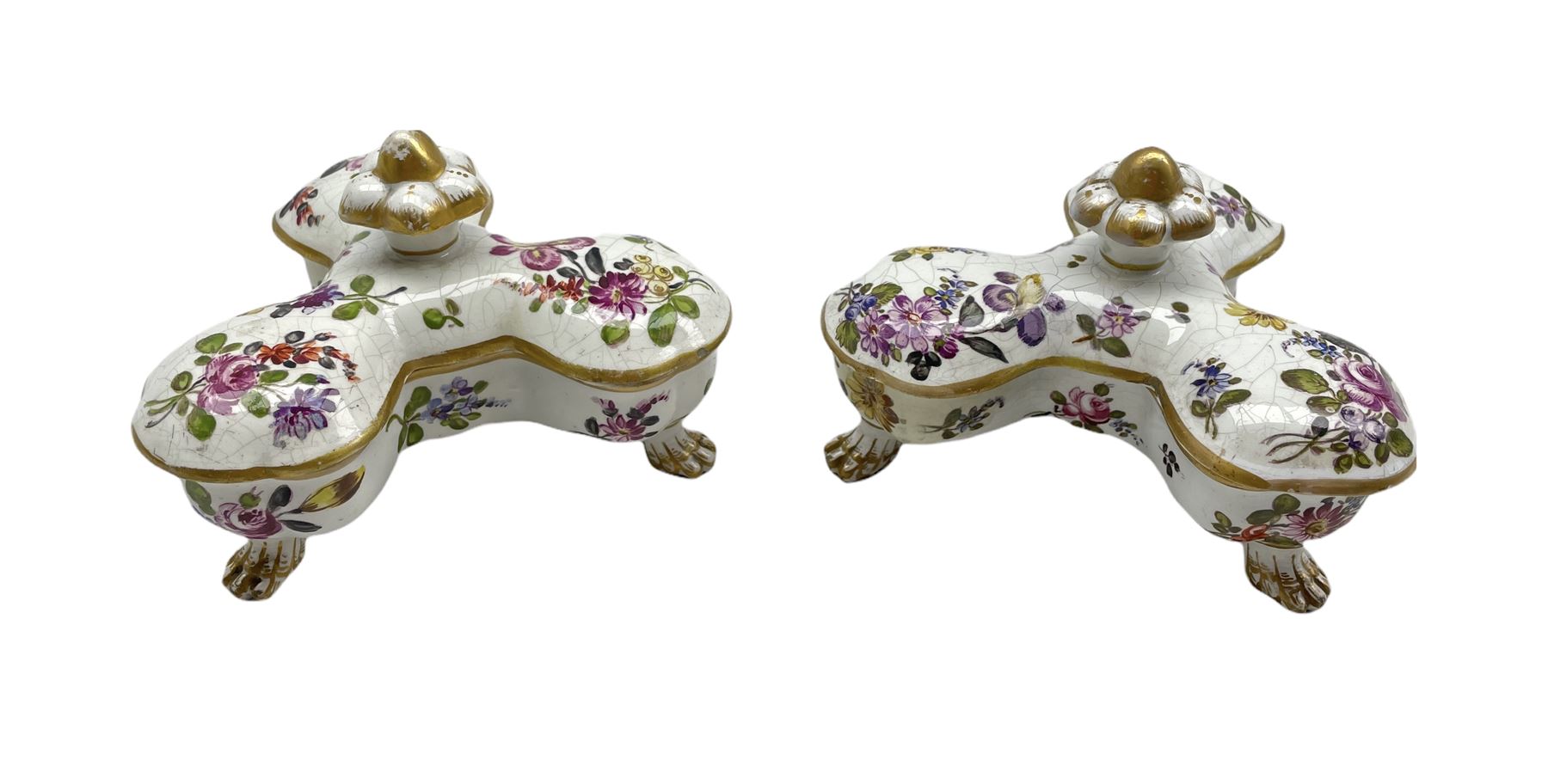 Pair of Hochst spice pots and covers each of lobed design with three divisions decorated with floral