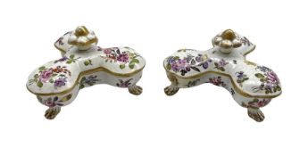 Pair of Hochst spice pots and covers each of lobed design with three divisions decorated with floral