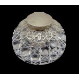 Late Victorian domed glass inkwell with silver pierced foliate mounts and cover by Samuel Jacob