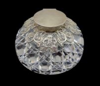 Late Victorian domed glass inkwell with silver pierced foliate mounts and cover by Samuel Jacob