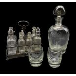 20th century glass decanter set engraved with Game Birds in a wooded landscape