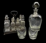 20th century glass decanter set engraved with Game Birds in a wooded landscape