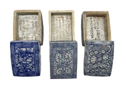 Three 18th/ 19th century blue and white rectangular boxes