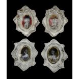 Pair of 18th century Bohemian glass salts of shaped oval form inset with male and female portraits o