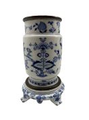 Meissen lamp base of cylindrical design decorated with the onion pattern in blue and white H29cm