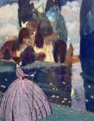 Victor Veysy (British early 20th century): Art Deco Fairytale Scene Woman Before Castle