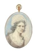 Late 18th century English school oval miniature head and shoulders portrait on ivory of a lady weari