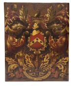18th/ 19th century painted coach panel with Heraldic Carr family crest with motto 'Fortuna Sequatur'