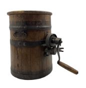 Victorian coopered oak butter churn with iron handle and mounts