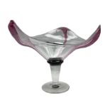 Gillies Jones Rosedale glass vase of free form design with pink ribbed decoration on a pedestal foot