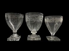 Early 19th century glass rummer etched with a monogram on a lemon squeezer foot