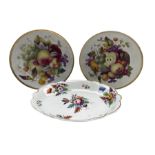 Pair of early 19th century Derby plates painted with fruit within a gilt border D22cm and a Derby sh