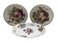 Pair of early 19th century Derby plates painted with fruit within a gilt border D22cm and a Derby sh