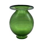 Bob Crooks (British 1965-): A green art glass vase of globular form with blue spiral decoration and