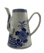 18th century Chinese side pouring coffee pot of tapering design decorated in blue and white H18cm