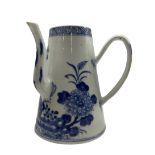 18th century Chinese side pouring coffee pot of tapering design decorated in blue and white H18cm