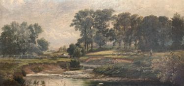 English School (19th century): Shepherd and Horses on Riverbank