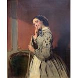 English school (19th century): Coy Victorian Maid with Broom