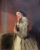 English school (19th century): Coy Victorian Maid with Broom