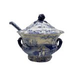 19th century Brameld blue and white transfer printed soup tureen with ladle decorated in the 'Castle