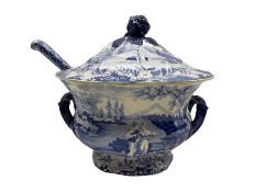19th century Brameld blue and white transfer printed soup tureen with ladle decorated in the 'Castle