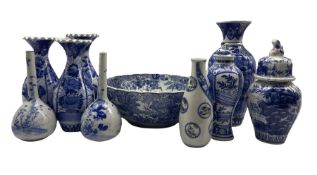 Early 20th century and later Japanese blue and white vases and bowls to include a trio with wavy rim