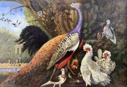 Manner of Marmaduke Cradock (British 1660-1717): Peacock and other Fowl in a Classical Setting