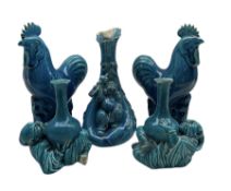 Pair of Chinese turquoise glazed Cockerels H25cm