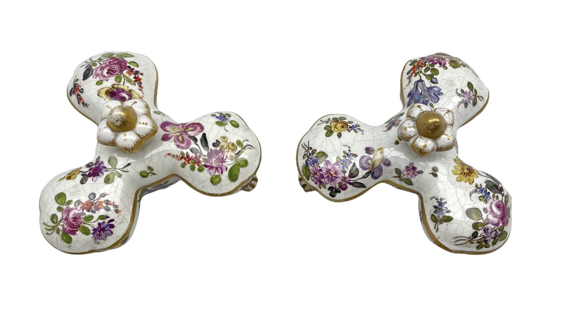 Pair of Hochst spice pots and covers each of lobed design with three divisions decorated with floral - Image 2 of 3