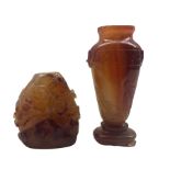 19th century Chinese carnelian vase carved with carp and masks on an oval foot H11cm and a carneli