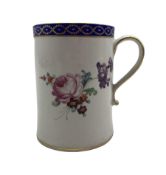 18th century Derby mug painted with sprays of flowers within a blue and gilt border and with loop ha